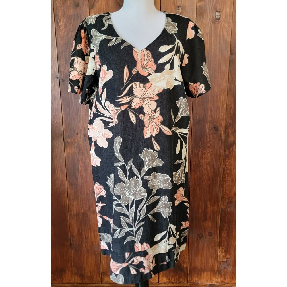 Nicole Miller Original Linen Blend L Black Floral Shift Dress V-Neck Layered Hem